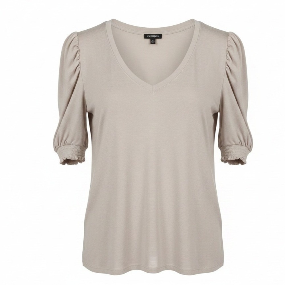 Express XL Relaxed Fit Cream V Neck Puff Sleeve Blouse Womens Office Top